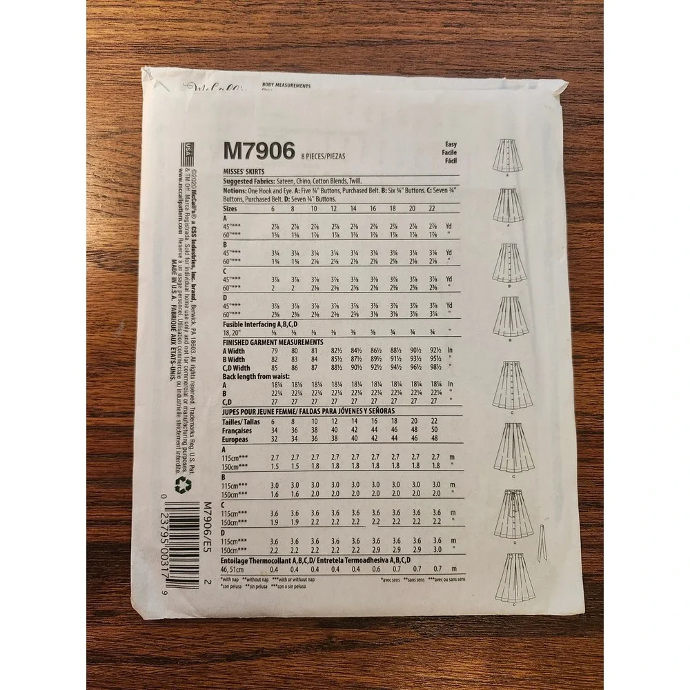 McCalls M7906 Misses Skirts Sewing Pattern Size 14-22 Button Front Midi Mini E5